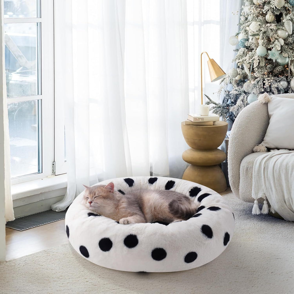 Black Dot Donut Pet Bed – Plush Comfort for Cats & Dogs